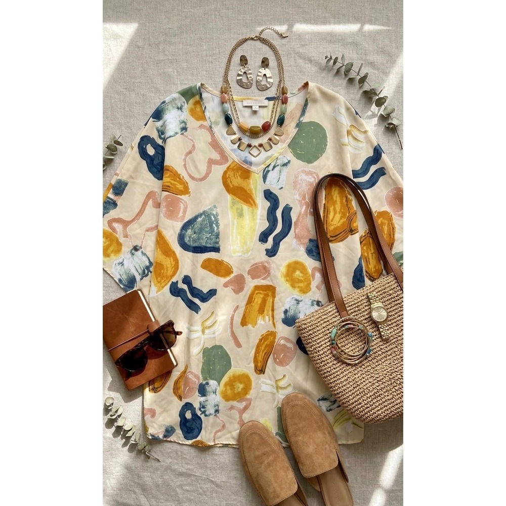 Jodifl Womens Large Abstract Print Oversized V-Neck Blouse Cream Multi Color